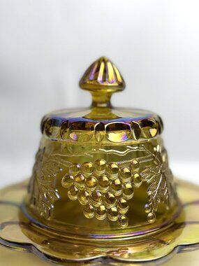 Indiana Glass Harvest Marigold Vintage Carnival Glass Butter Dish Grape Leaf